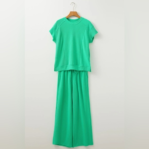 Green Wide Leg Pants Round Neck Top SET
